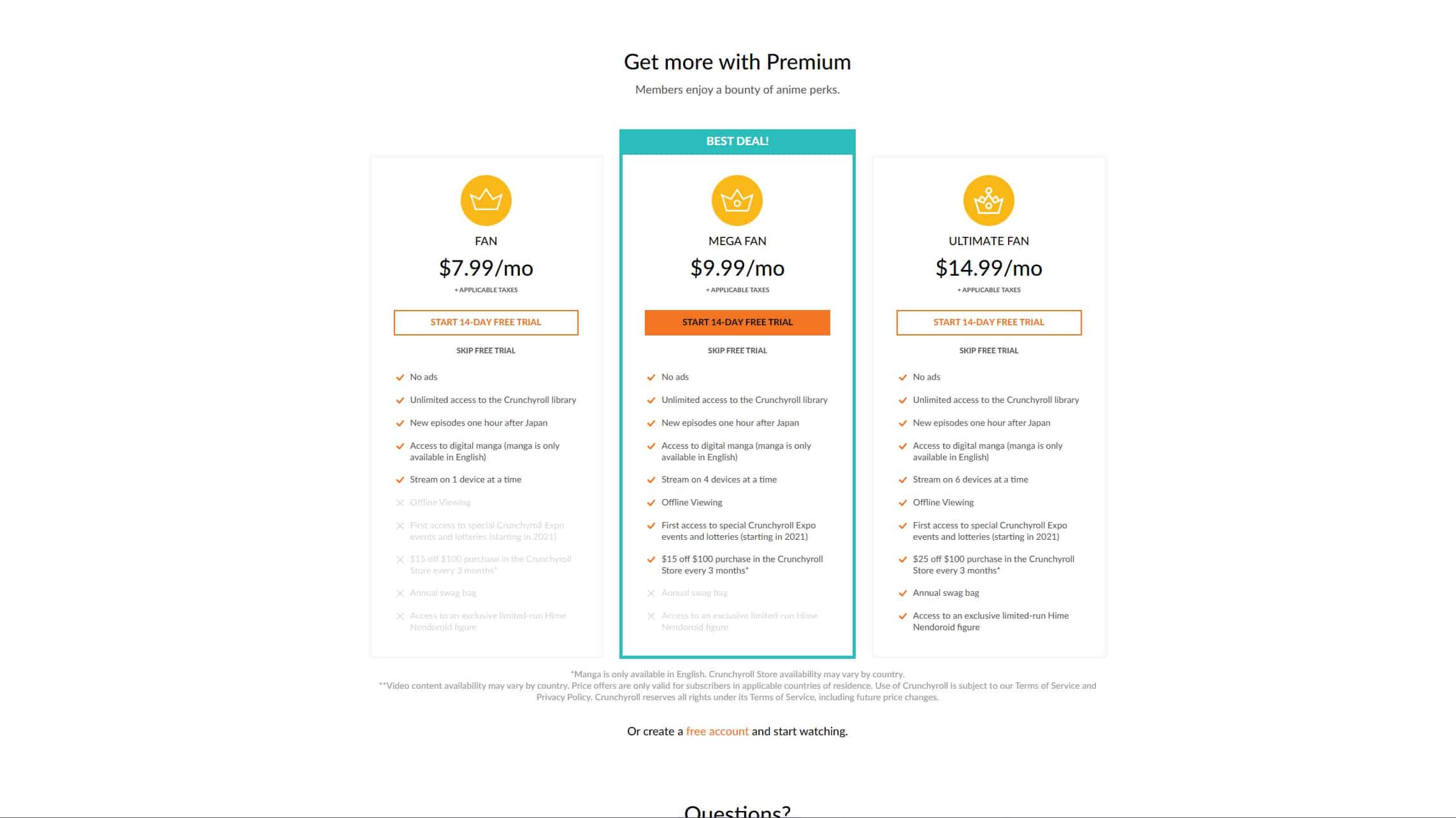 Crunchyroll premium subscription page