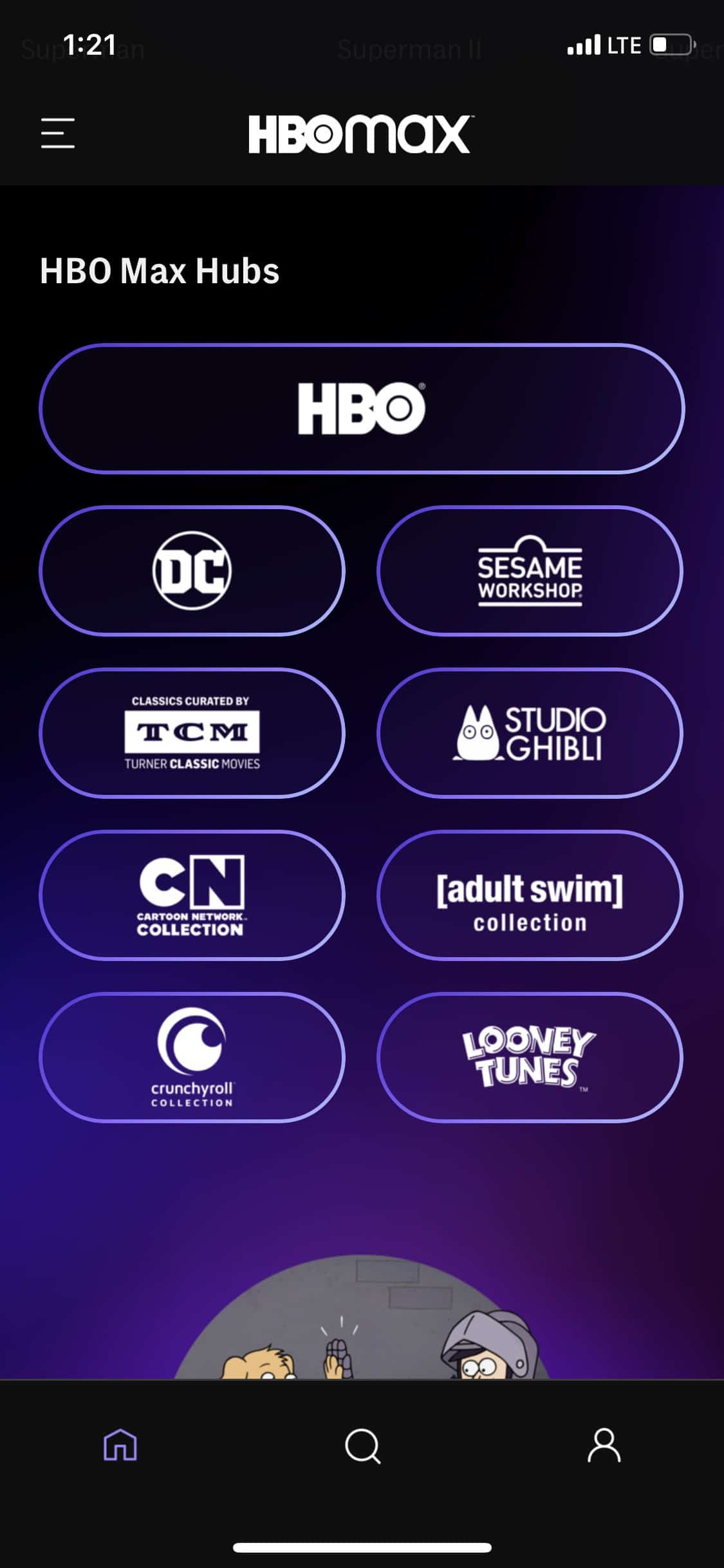 HBO Max review - mobile app "hubs" screen