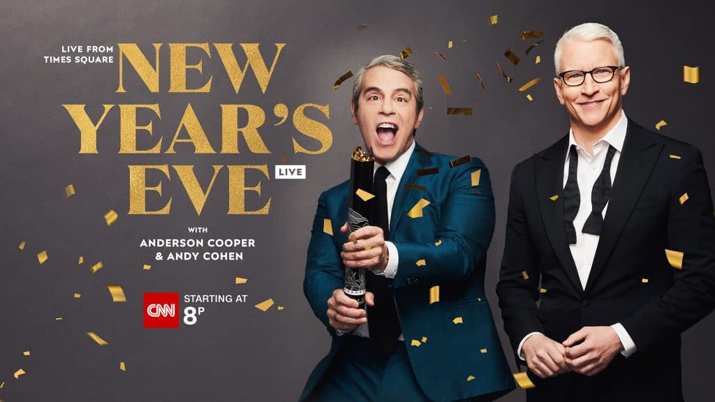 Andy Cohen popping confetti with Anderson Cooper for New Year's Eve