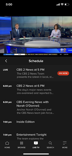 Paramount Plus’ live TV on iOS.