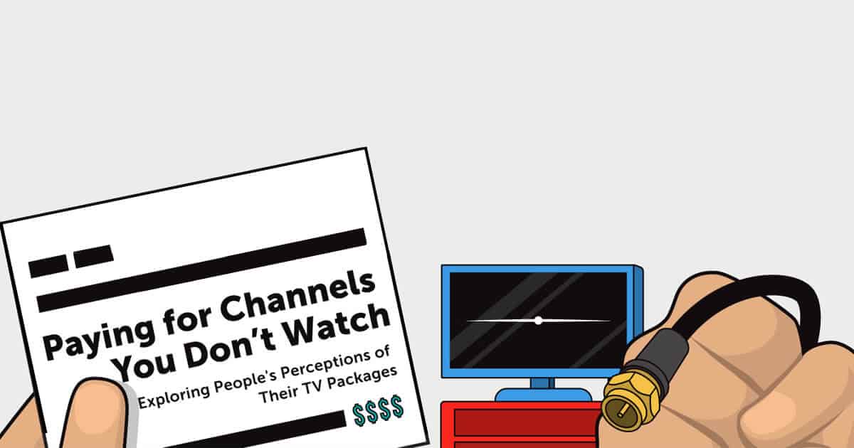 graphic of a person holding a card that says they are paying for channels they don't watch