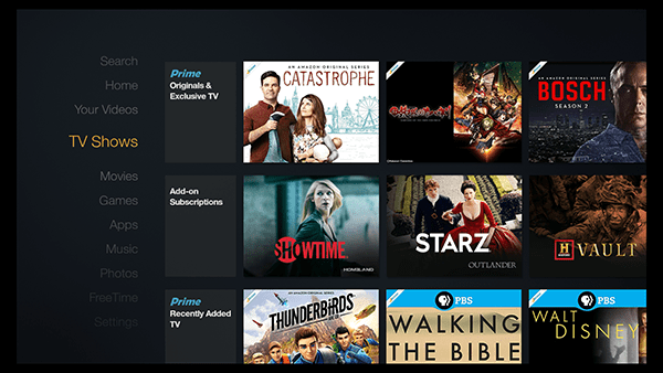 Prime content appears on a bunch of the Fire TV's main menu tabs, most notable 