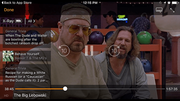 Amazon Video running on iOS. Here you can see the trivia facts from IMDb and the seeking controls from iOS. The picture quality in the background is pretty typical for iOS - more on that in a later section.
