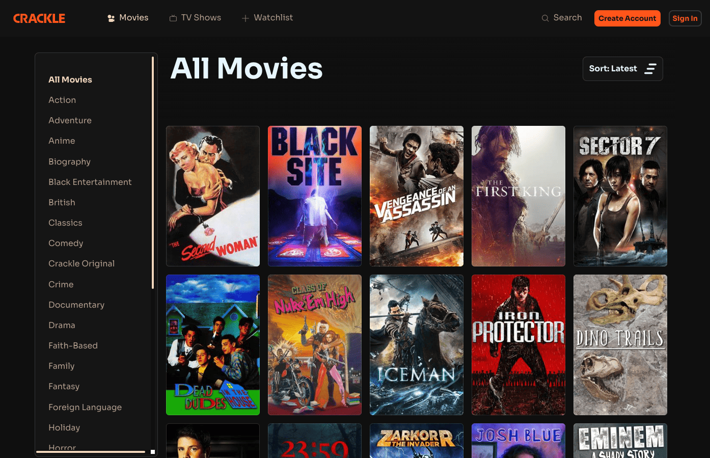 Browsing Crackle’s movie selection in the service’s web app