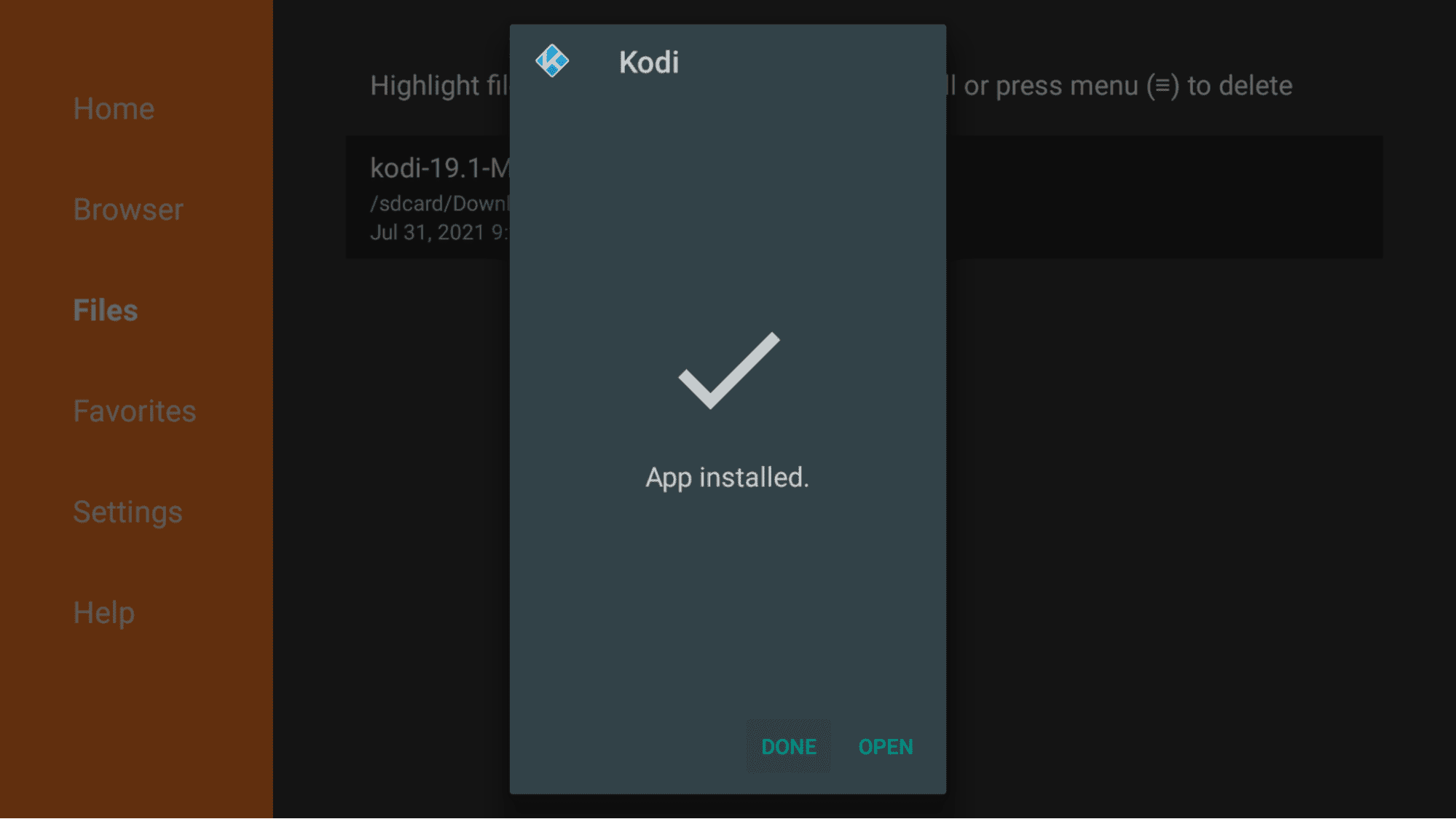 Finishing a Kodi installation on a Fire TV device