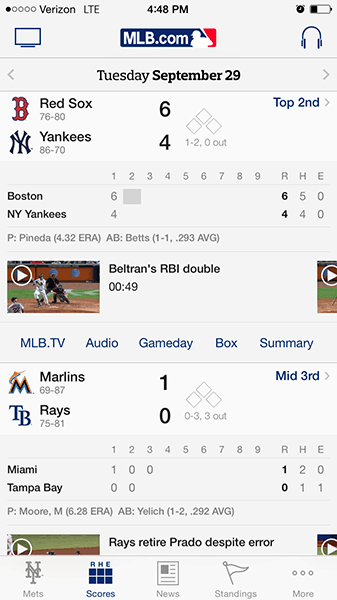 The MLB At Bat app for iOS