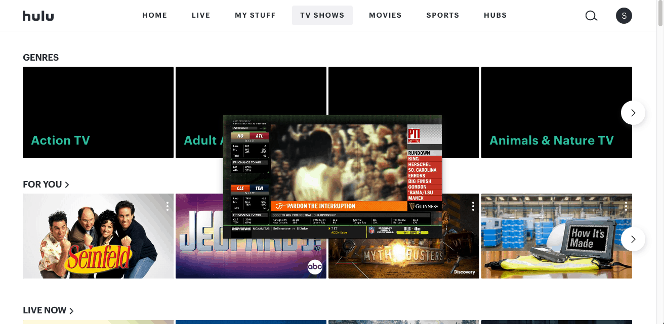Hulu + Live TV - browser - inset live screen dead center