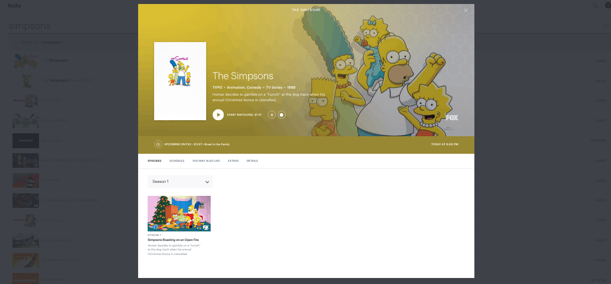 Hulu + Live TV - browser - simpsons show page