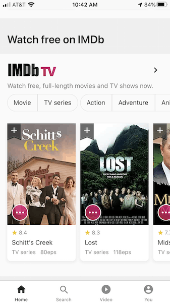 IMDb TV App Homescreen