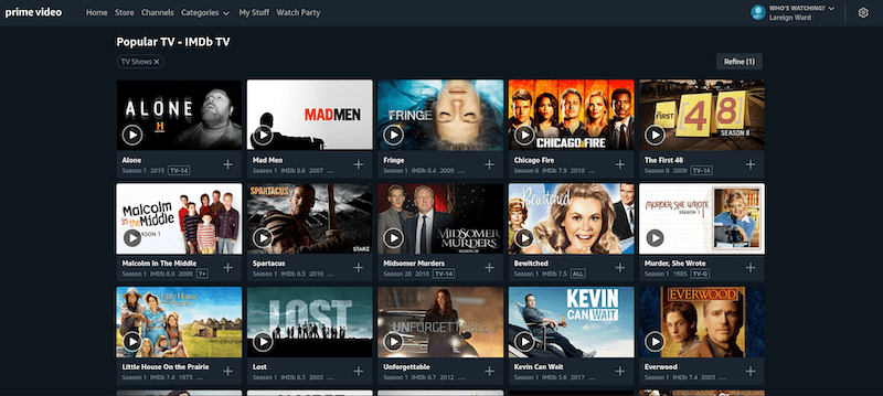 Image of IMDb TV Content on Amazon Prime