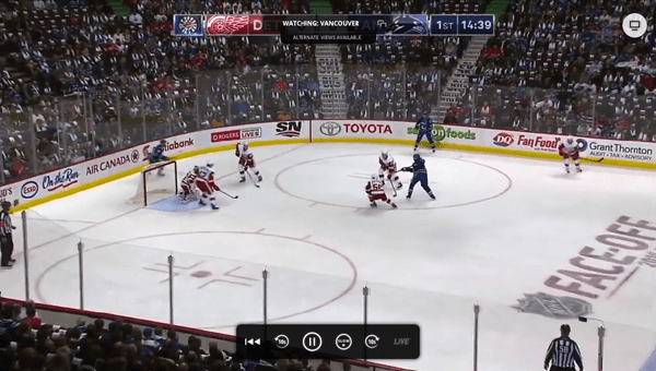 NHL GameCenter LIVE running through the in-browser app. The controls visible in this shot fade away if you stop using the mouse.