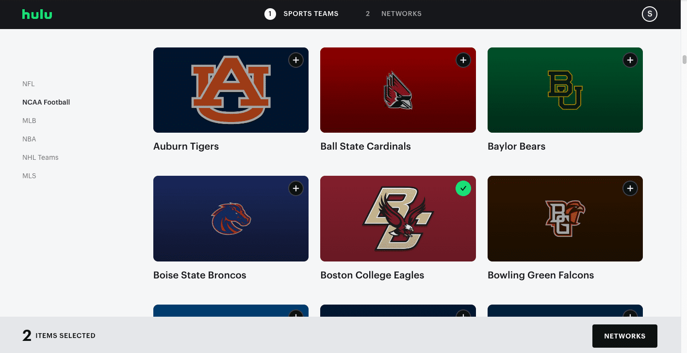 A selection screen that lets Hulu users designate their favorite teams