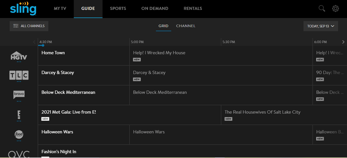 Sling TV's channel guide in the browser app