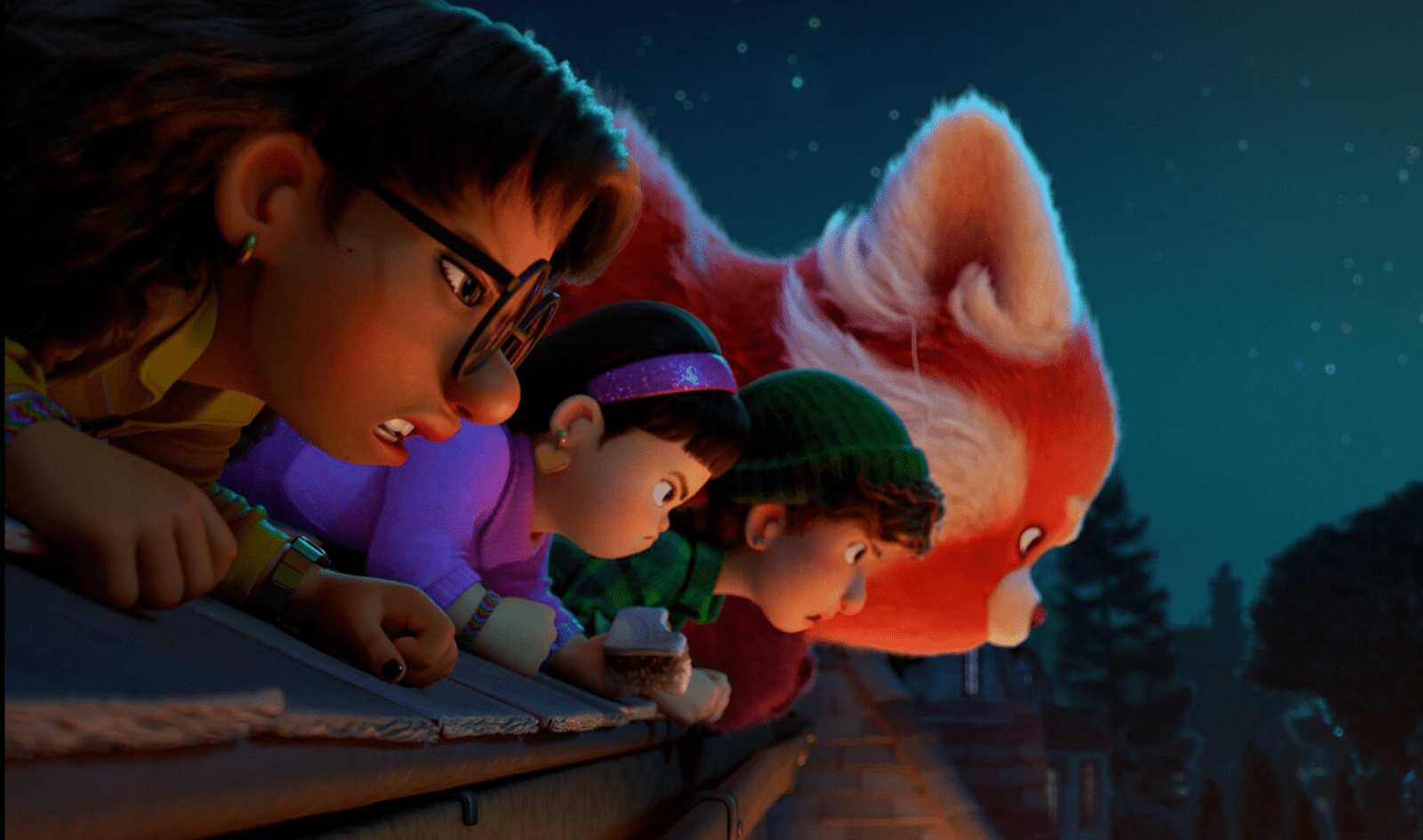 A giant red panda and her three friends peering down from a rooftop at night